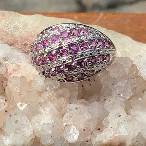 ROUND PINK RHODOLITE 14K WHITE GOLD PLATE 925 STERLING SILVER RING, SIZE 7.75